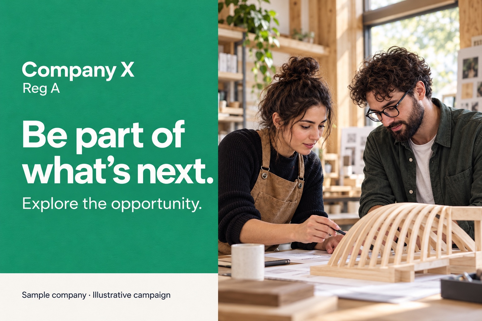 Company X — Reg A. Fictional sample fundraising mailer: Be part of what’s next. Explore the opportunity.