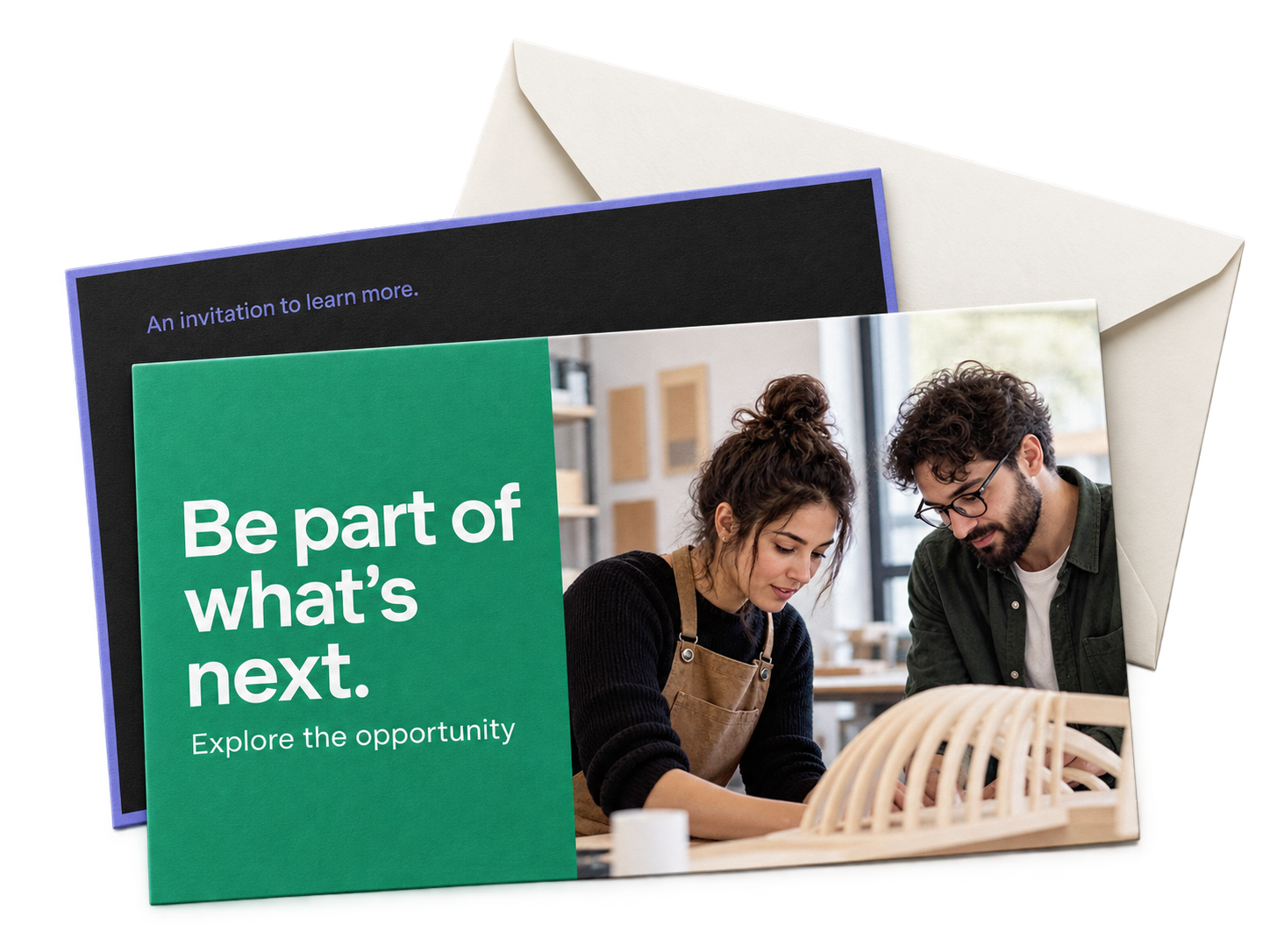 Illustrative investor invitation mailers: Be part of what’s next, with founder photography and an ivory mailing envelope.